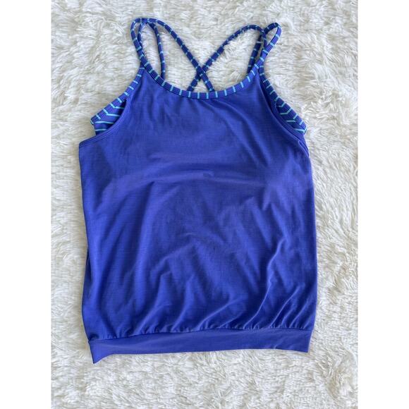 Athleta Girl's Striped Built In Bra Criss Cross Back Tank Top Purple Size XL 14 - Picture 4 of 9